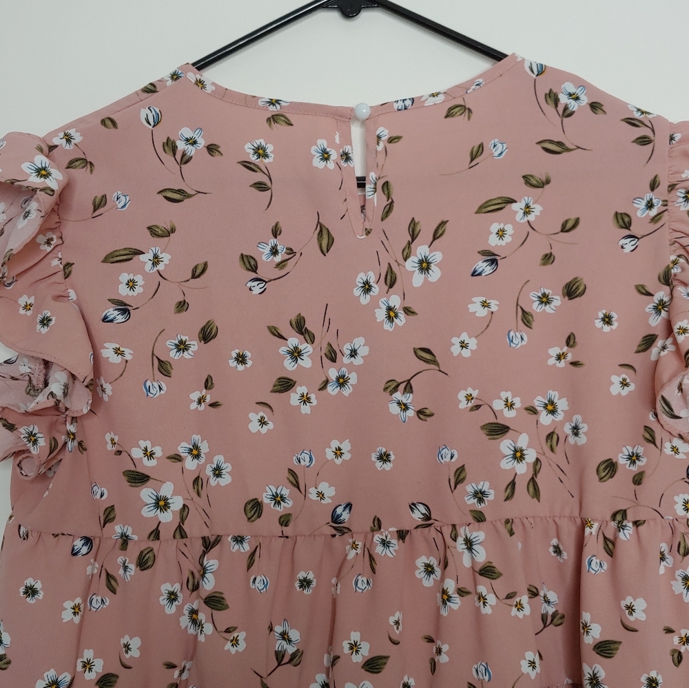 Shein Women's Spring Pink Ruffled Short Sleeve Tiered Floral Blouse Size Large - Picture 9 of 15